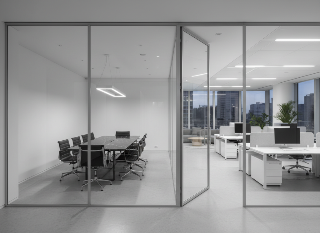 Commercial office interior with architectural glass partitions