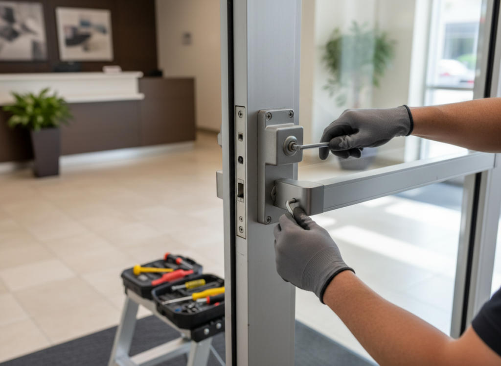 Technician adjusting a commercial door closer on an aluminum entrance