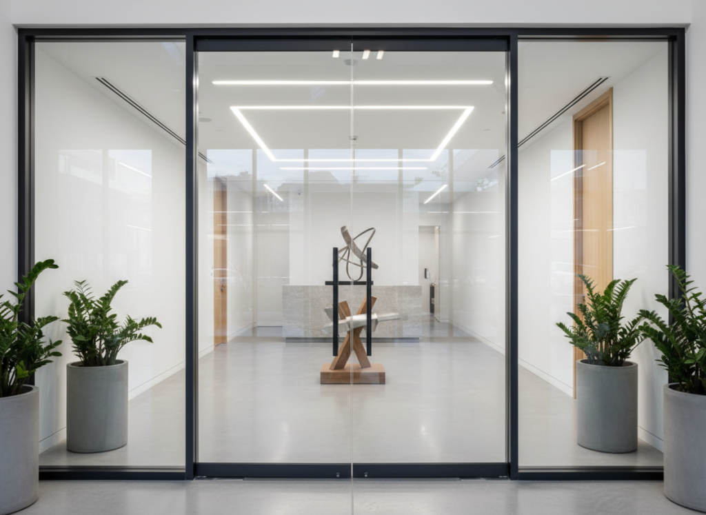 Modern commercial glass office entrance with dark aluminum framing