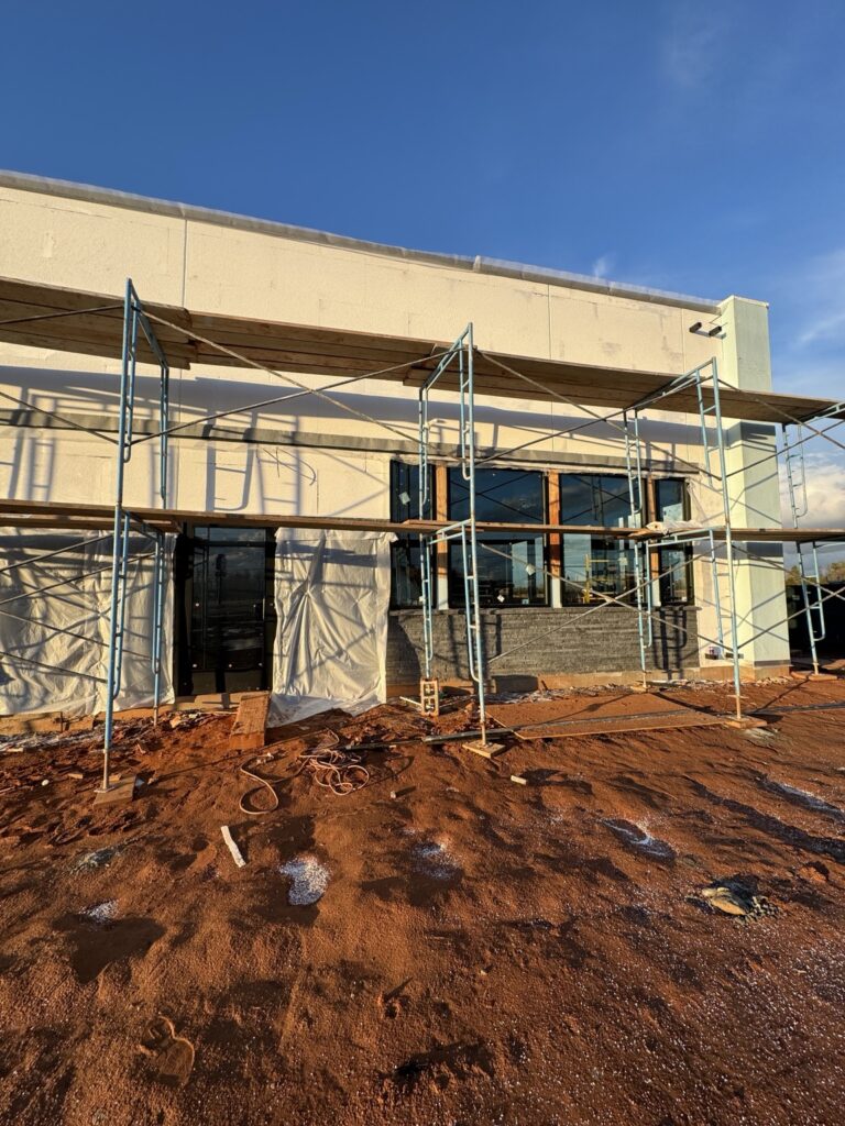 Commercial storefront framing during construction
